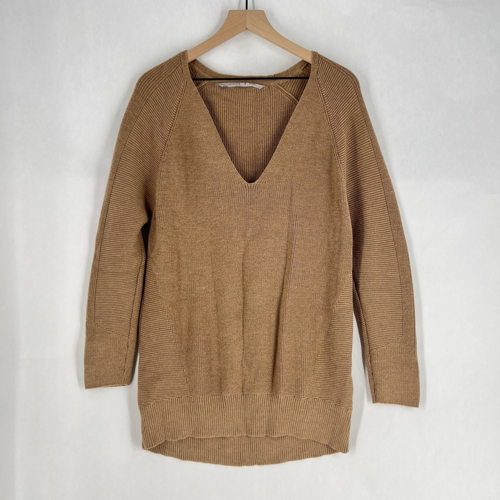 Athleta Hanover Sweater Womens Size M Extra Fine Merino Wool Blend V-Neck Brown